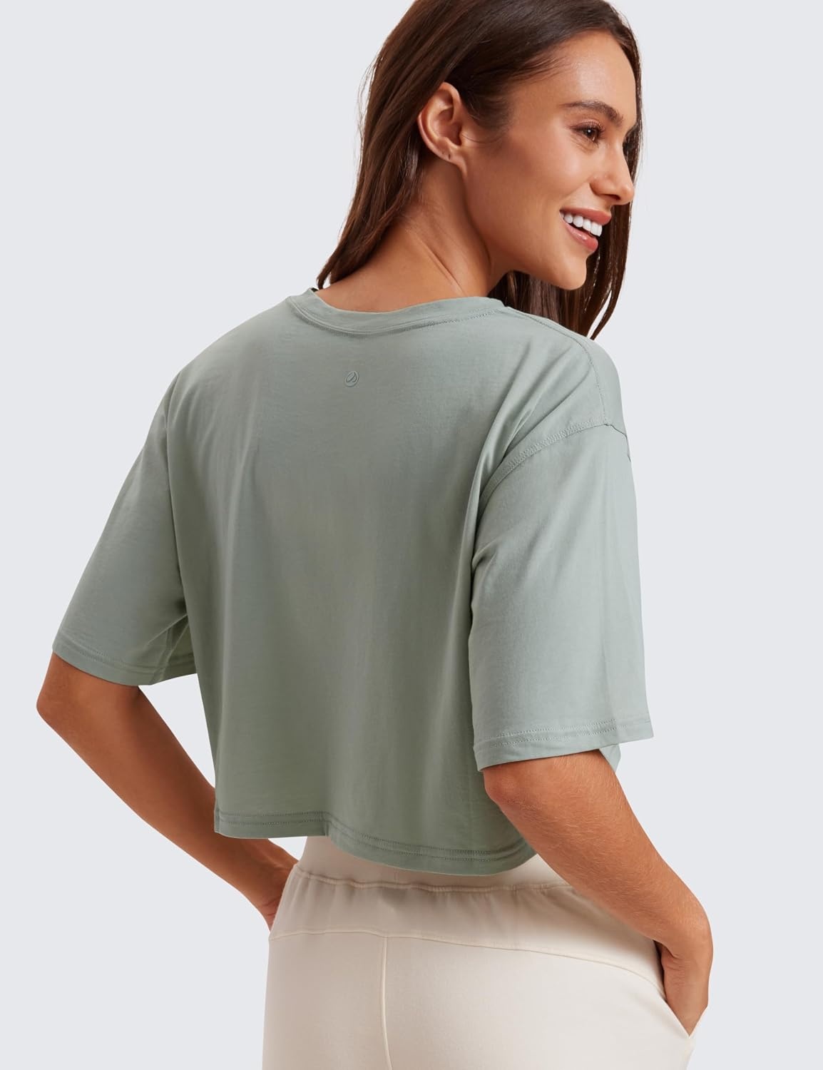 image:imageCRZ YOGA Pima Cotton Loose Crop TShirts for Women Workout Yoga Casual Athletic Running Short Sleeve Shirts Crewneck TopsJade Grey