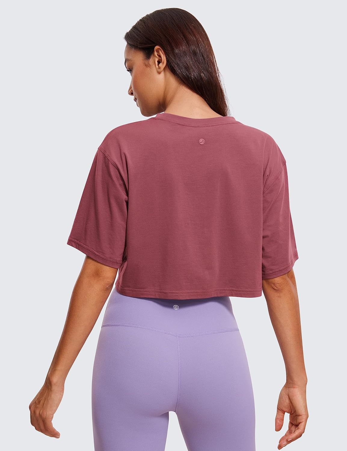 image:imageCRZ YOGA Pima Cotton Loose Crop TShirts for Women Workout Yoga Casual Athletic Running Short Sleeve Shirts Crewneck TopsMisty Merlot