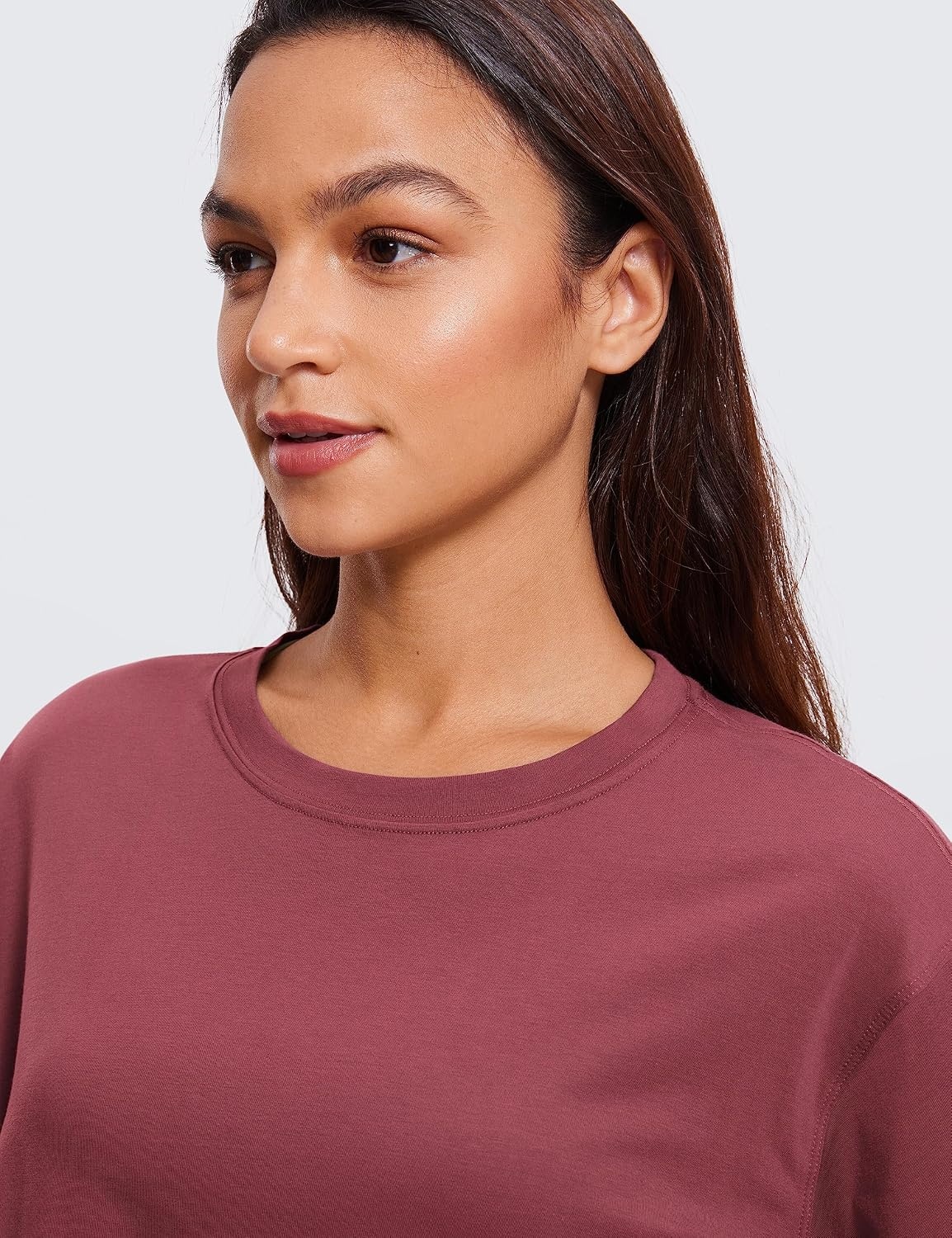 image:imageCRZ YOGA Pima Cotton Loose Crop TShirts for Women Workout Yoga Casual Athletic Running Short Sleeve Shirts Crewneck TopsMisty Merlot
