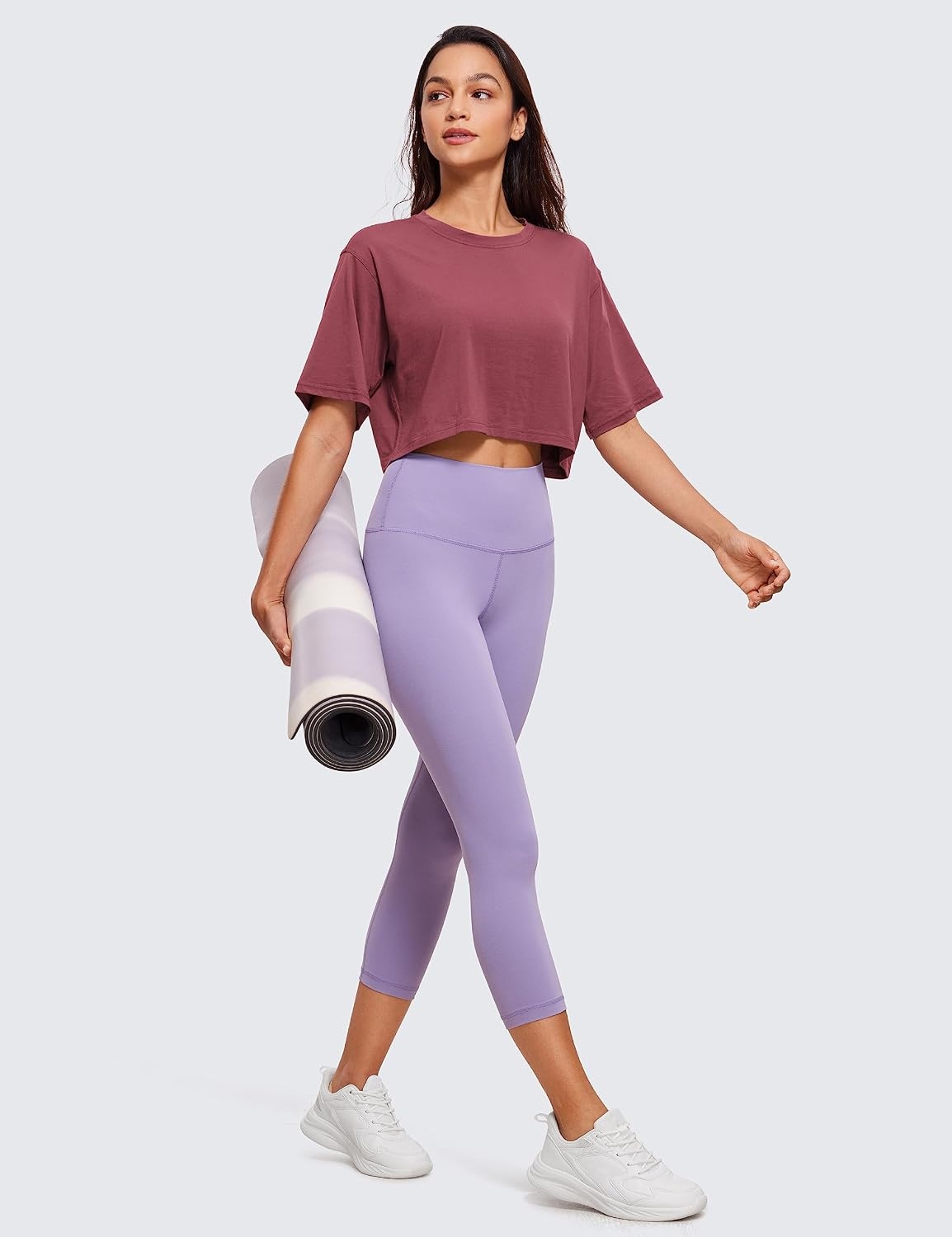 image:imageCRZ YOGA Pima Cotton Loose Crop TShirts for Women Workout Yoga Casual Athletic Running Short Sleeve Shirts Crewneck TopsMisty Merlot
