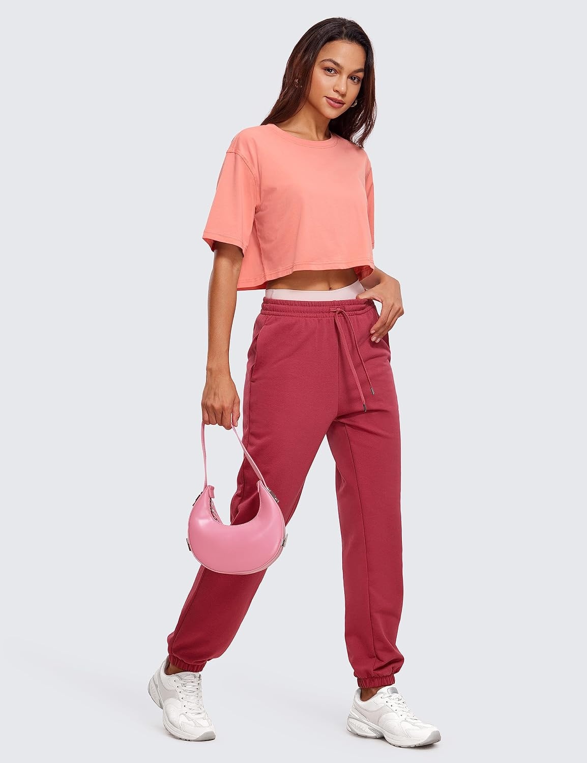 image:imageCRZ YOGA Pima Cotton Loose Crop TShirts for Women Workout Yoga Casual Athletic Running Short Sleeve Shirts Crewneck TopsPeach Pink