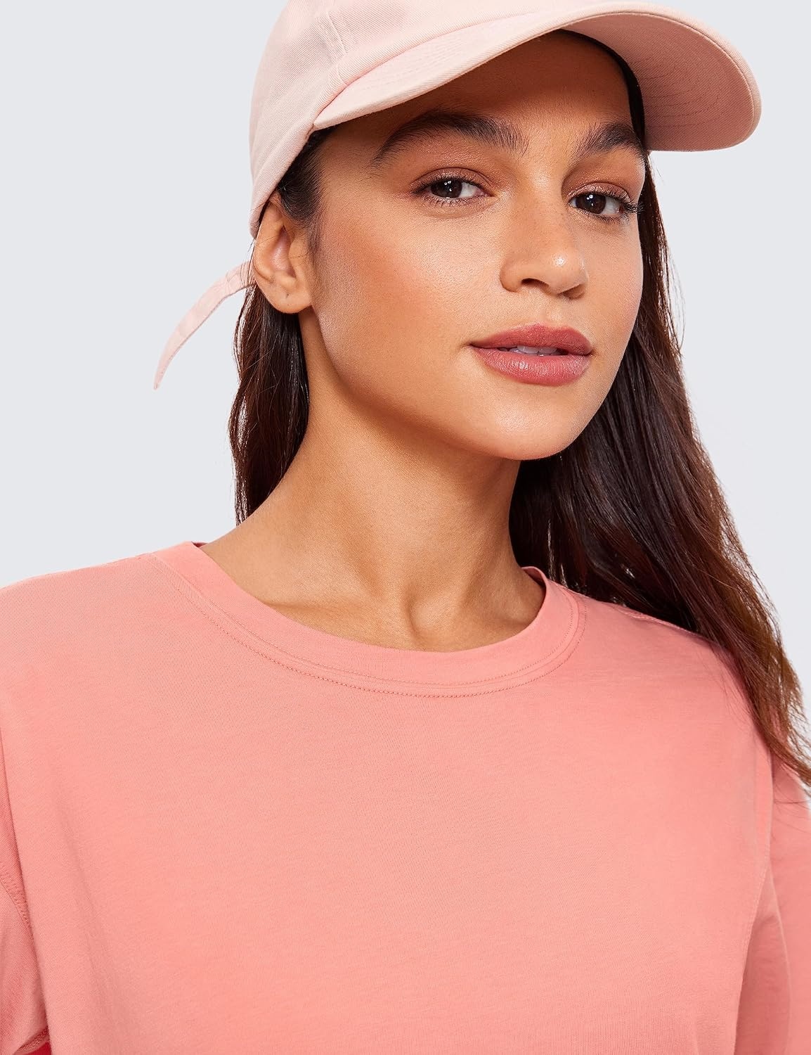 image:imageCRZ YOGA Pima Cotton Loose Crop TShirts for Women Workout Yoga Casual Athletic Running Short Sleeve Shirts Crewneck TopsPeach Pink