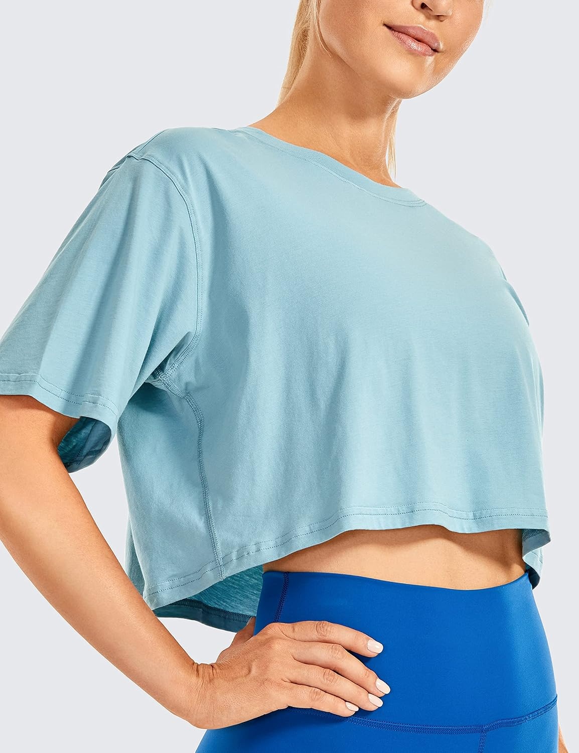 image:imageCRZ YOGA Pima Cotton Loose Crop TShirts for Women Workout Yoga Casual Athletic Running Short Sleeve Shirts Crewneck TopsPure Blue