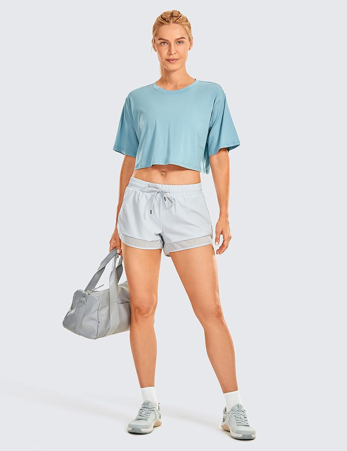 image:imageCRZ YOGA Pima Cotton Loose Crop TShirts for Women Workout Yoga Casual Athletic Running Short Sleeve Shirts Crewneck TopsPure Blue