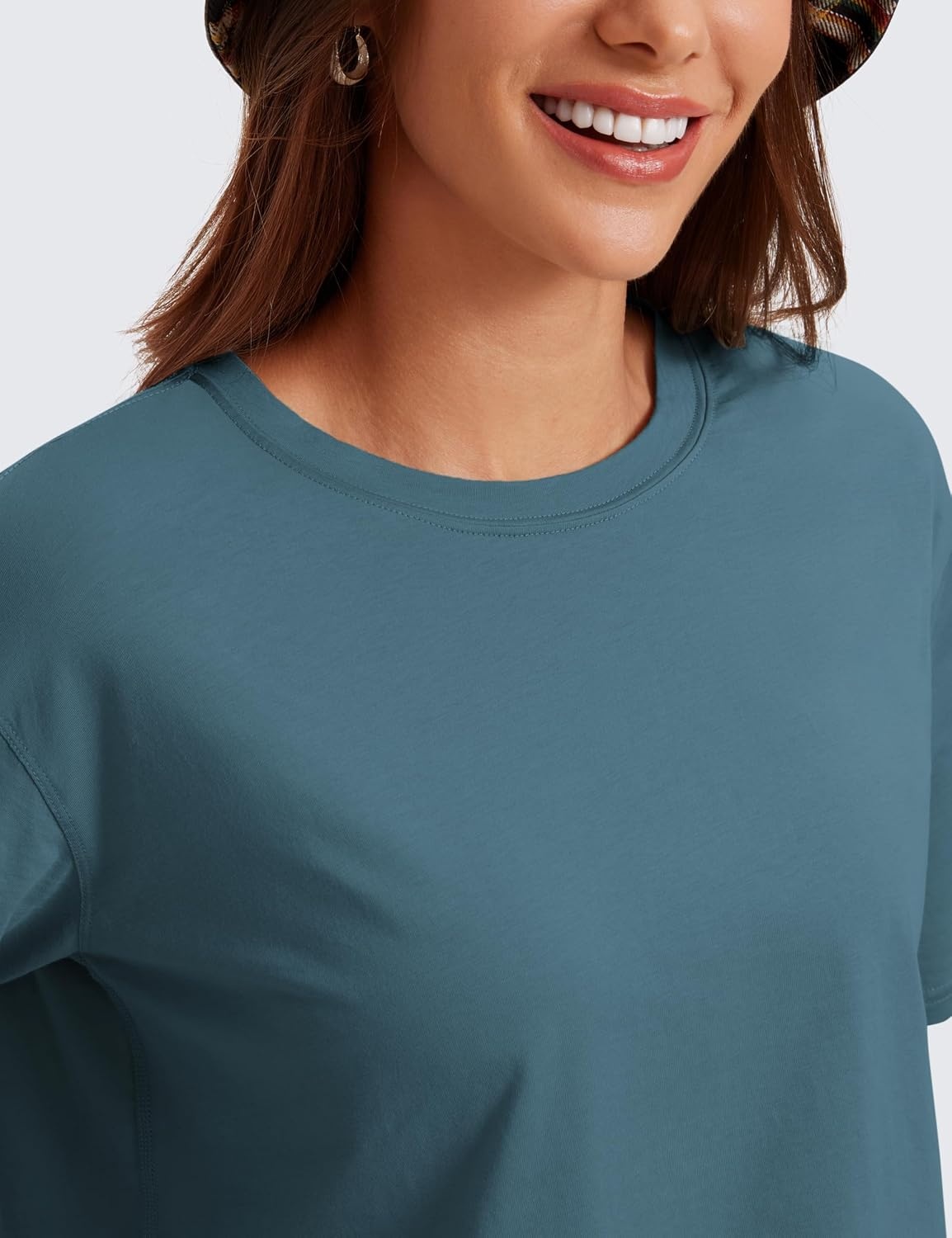 image:imageCRZ YOGA Pima Cotton Loose Crop TShirts for Women Workout Yoga Casual Athletic Running Short Sleeve Shirts Crewneck TopsSlate Blue
