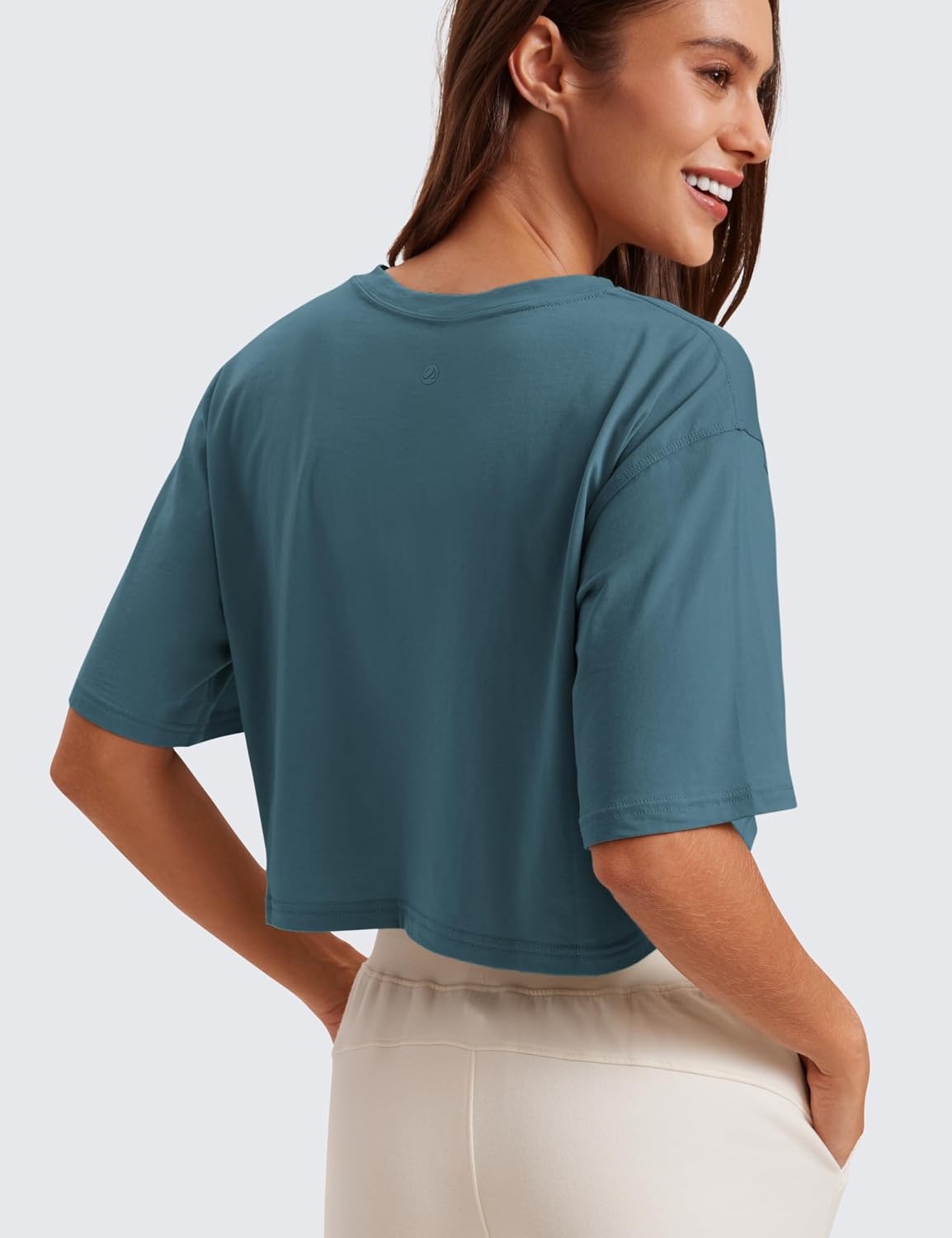 image:imageCRZ YOGA Pima Cotton Loose Crop TShirts for Women Workout Yoga Casual Athletic Running Short Sleeve Shirts Crewneck TopsSlate Blue