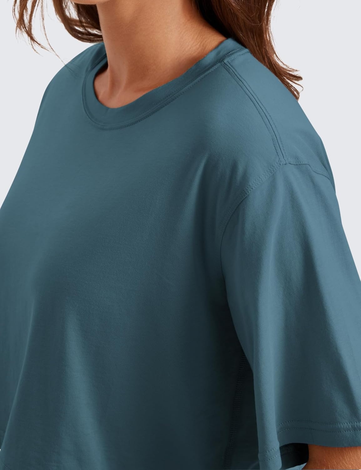image:imageCRZ YOGA Pima Cotton Loose Crop TShirts for Women Workout Yoga Casual Athletic Running Short Sleeve Shirts Crewneck TopsSlate Blue