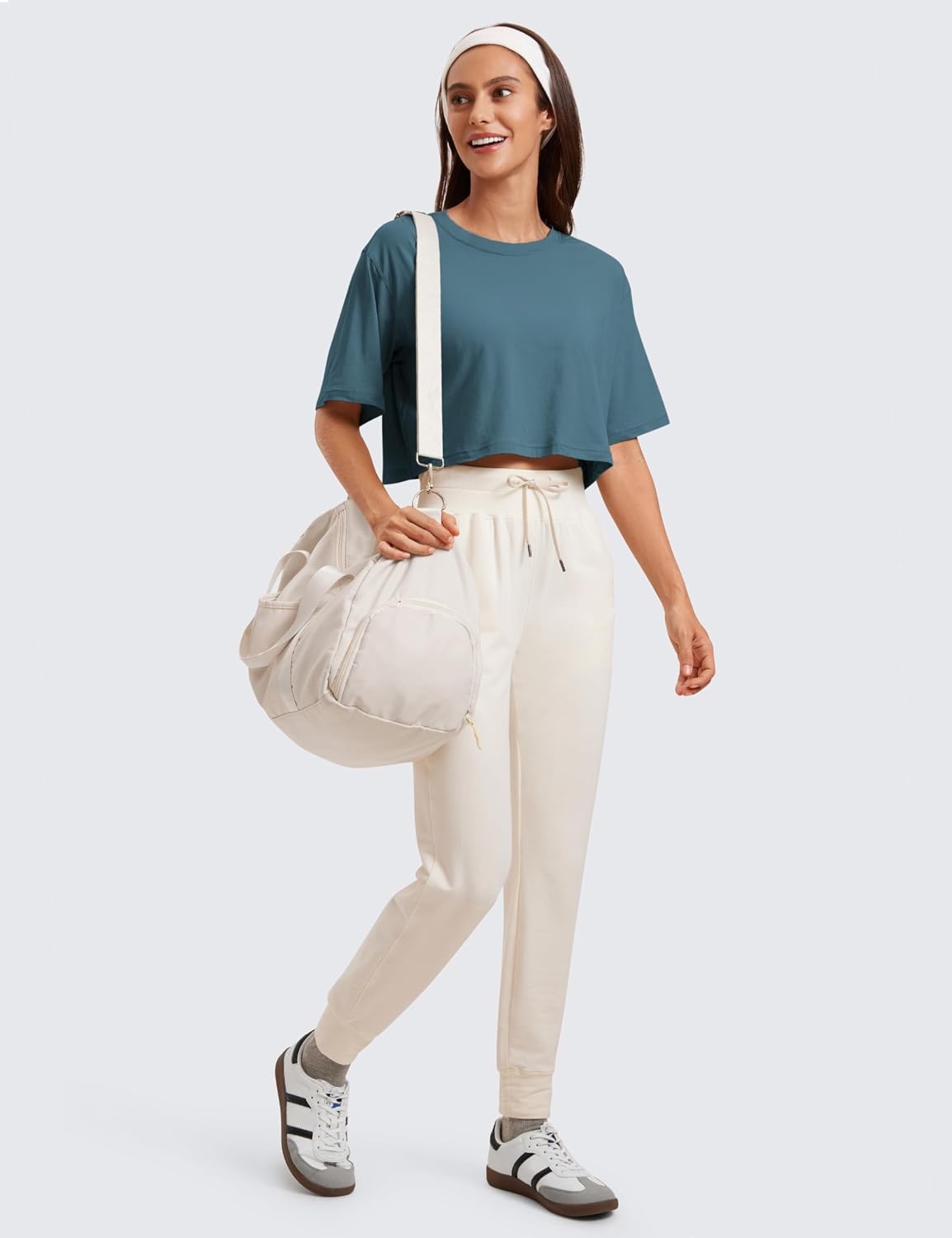 image:imageCRZ YOGA Pima Cotton Loose Crop TShirts for Women Workout Yoga Casual Athletic Running Short Sleeve Shirts Crewneck TopsSlate Blue