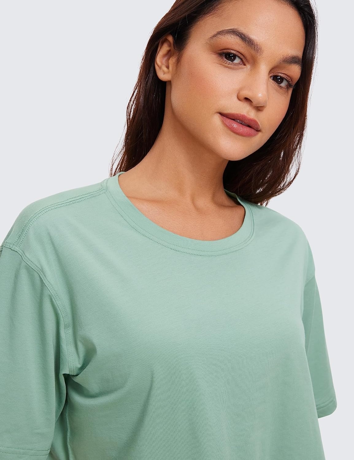 image:imageCRZ YOGA Pima Cotton Loose Crop TShirts for Women Workout Yoga Casual Athletic Running Short Sleeve Shirts Crewneck TopsSoft Seagrass