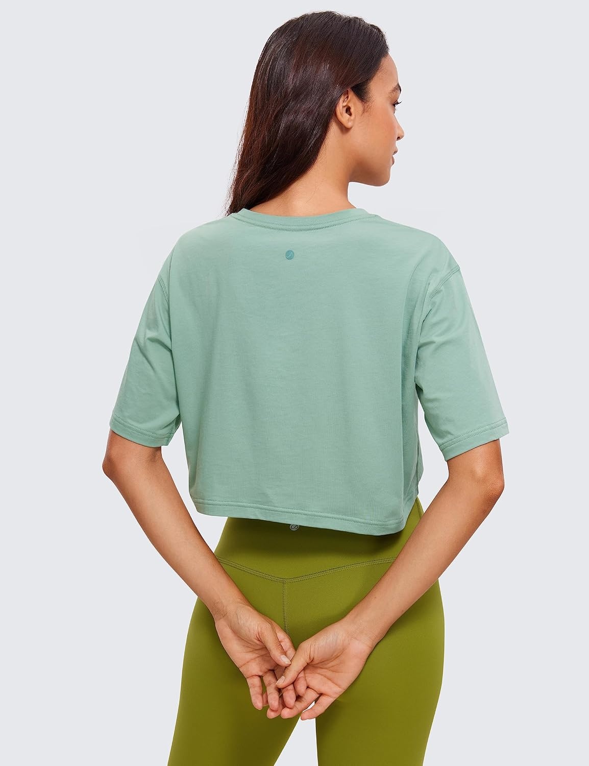 image:imageCRZ YOGA Pima Cotton Loose Crop TShirts for Women Workout Yoga Casual Athletic Running Short Sleeve Shirts Crewneck TopsSoft Seagrass