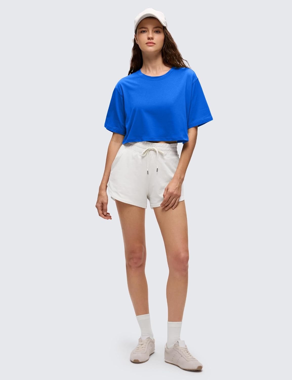 image:imageCRZ YOGA Pima Cotton Loose Crop TShirts for Women Workout Yoga Casual Athletic Running Short Sleeve Shirts Crewneck TopsStrong Blue