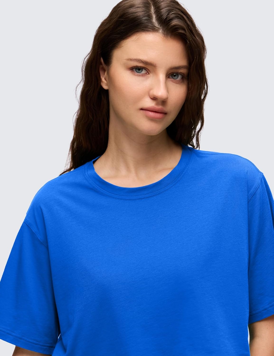 image:imageCRZ YOGA Pima Cotton Loose Crop TShirts for Women Workout Yoga Casual Athletic Running Short Sleeve Shirts Crewneck TopsStrong Blue