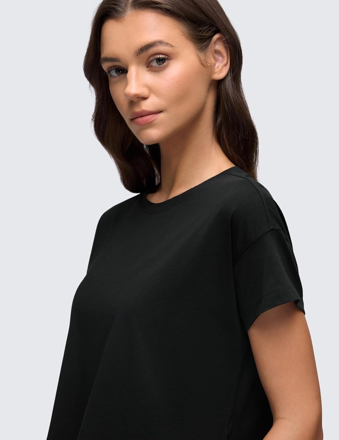 image:imageCRZ YOGA Pima Cotton Relaxed Crop TShirts for Women Workout Athletic Gym Casual Short Sleeve Shirts Loose Crewneck TopsBlack