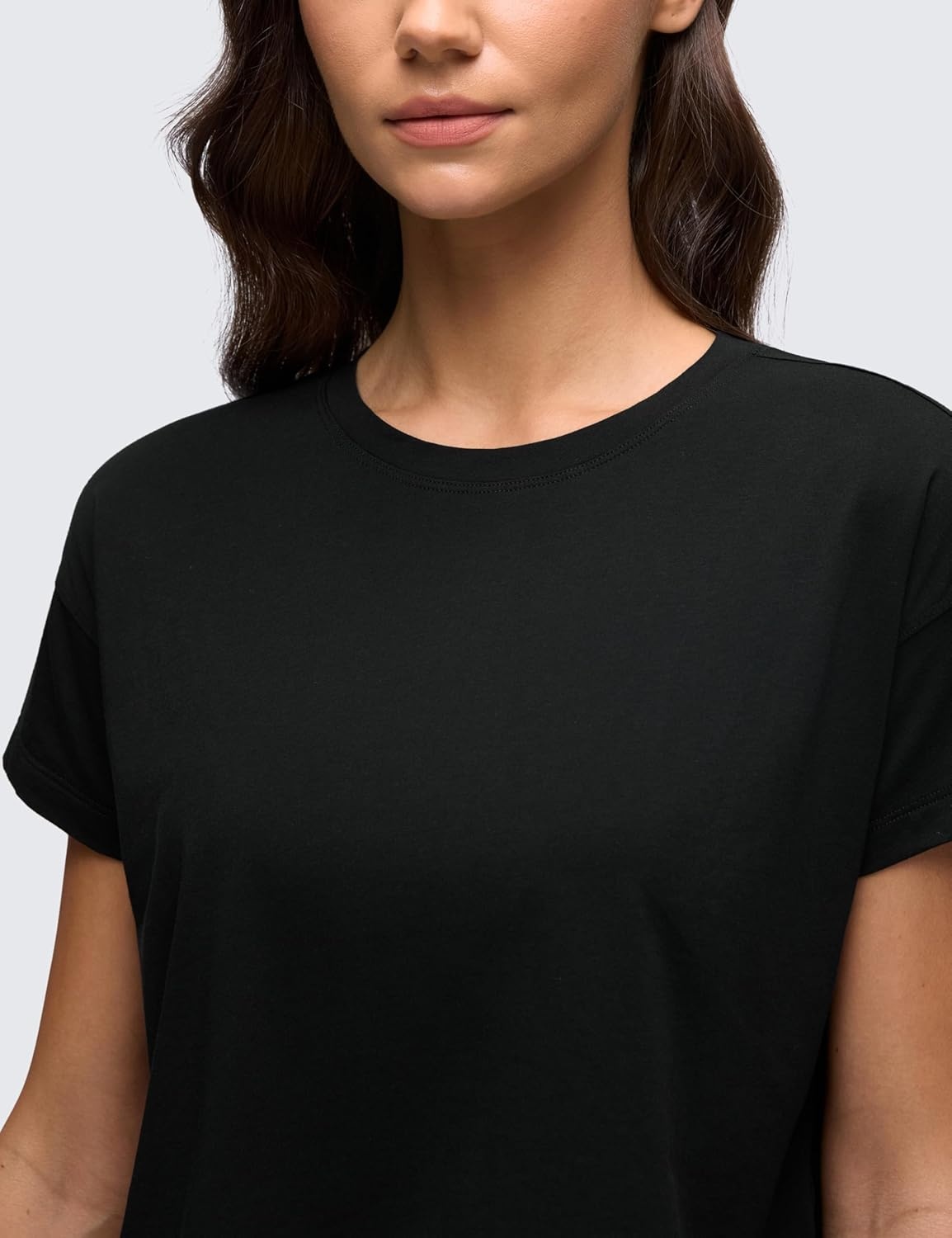 image:imageCRZ YOGA Pima Cotton Relaxed Crop TShirts for Women Workout Athletic Gym Casual Short Sleeve Shirts Loose Crewneck TopsBlack