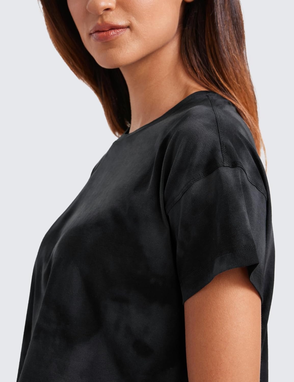 image:imageCRZ YOGA Pima Cotton Relaxed Crop TShirts for Women Workout Athletic Gym Casual Short Sleeve Shirts Loose Crewneck TopsBlack Tie Dye Flowers