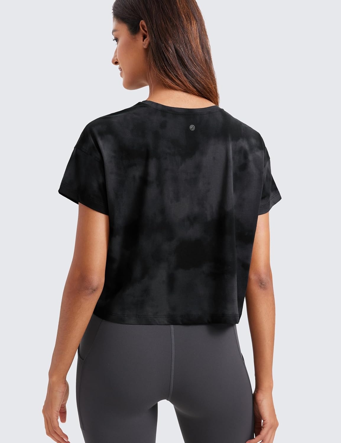 image:imageCRZ YOGA Pima Cotton Relaxed Crop TShirts for Women Workout Athletic Gym Casual Short Sleeve Shirts Loose Crewneck TopsBlack Tie Dye Flowers