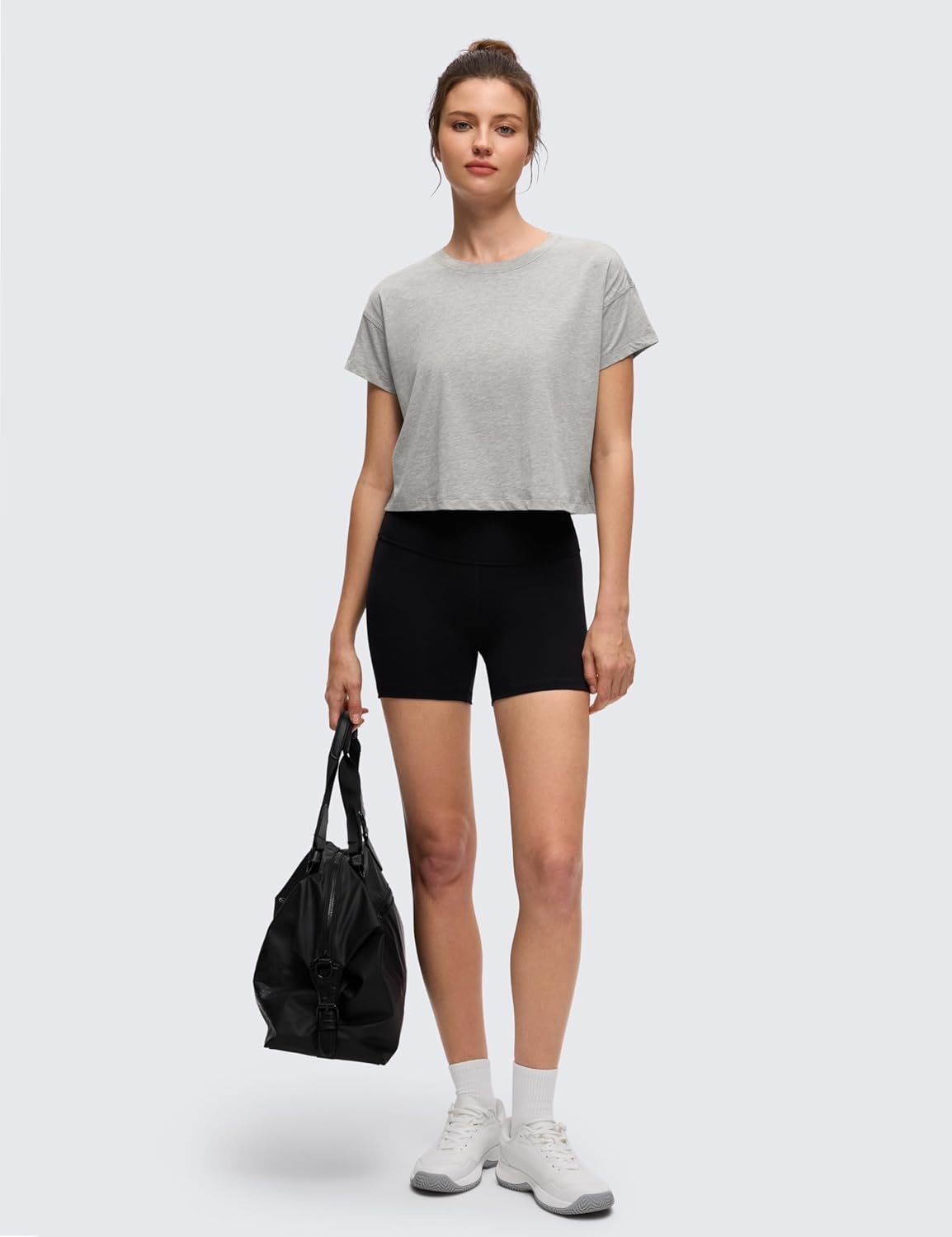 image:imageCRZ YOGA Pima Cotton Relaxed Crop TShirts for Women Workout Athletic Gym Casual Short Sleeve Shirts Loose Crewneck TopsHeathered Medium Grey