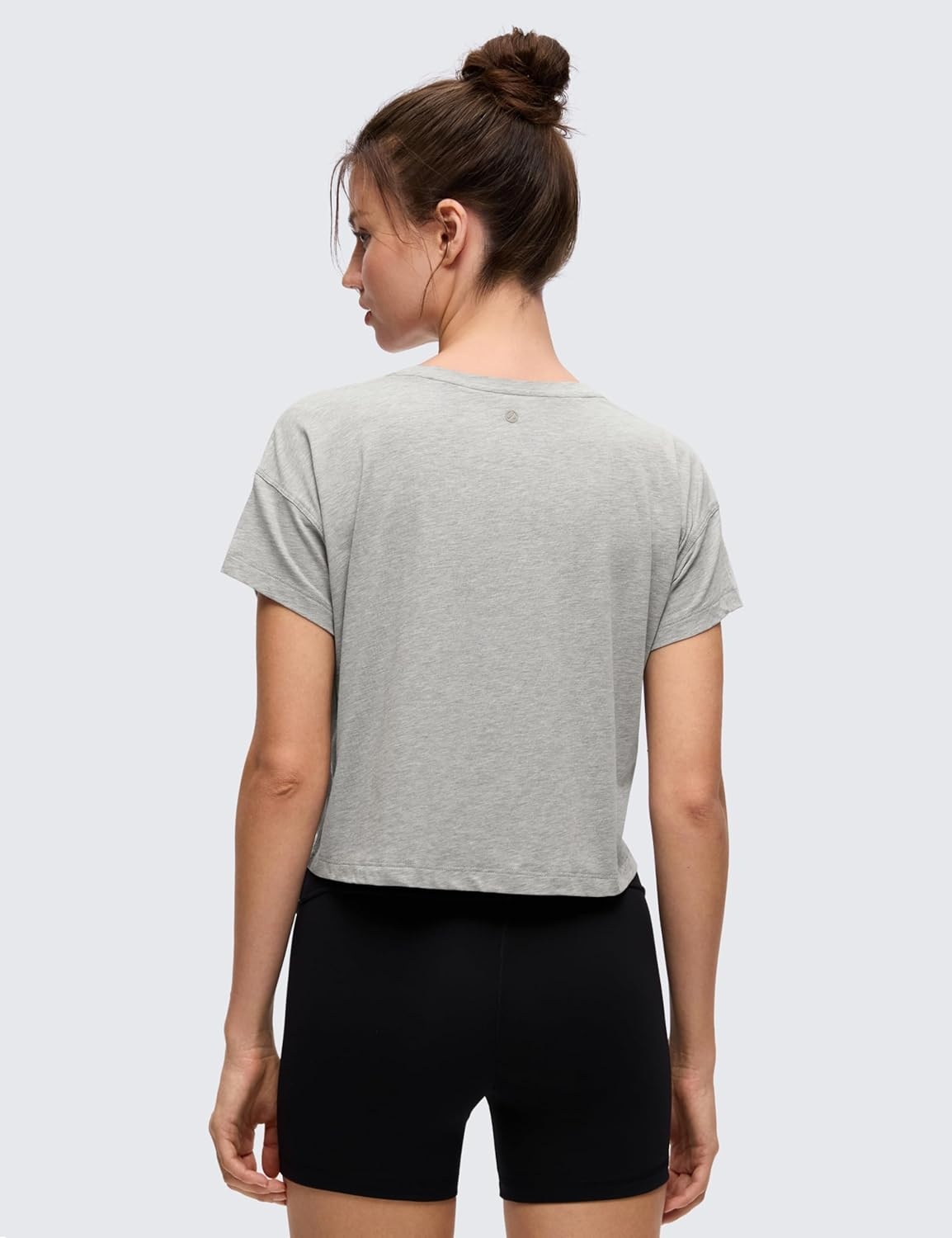image:imageCRZ YOGA Pima Cotton Relaxed Crop TShirts for Women Workout Athletic Gym Casual Short Sleeve Shirts Loose Crewneck TopsHeathered Medium Grey