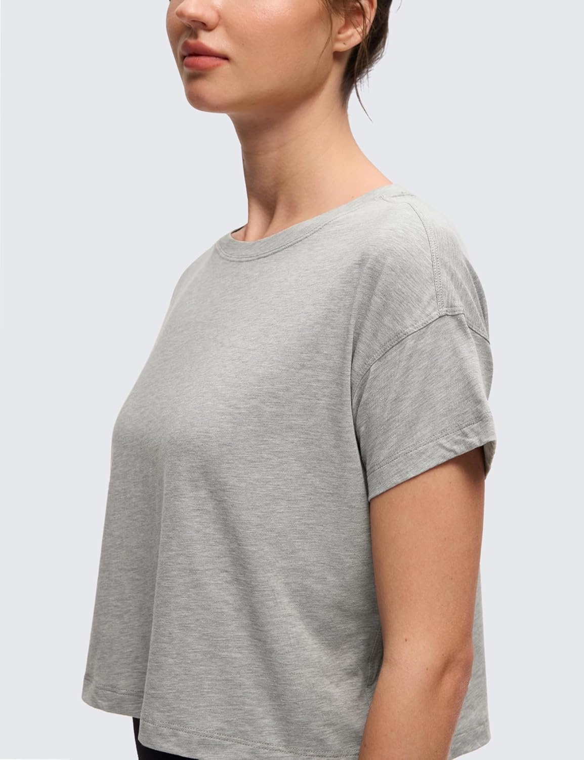 image:imageCRZ YOGA Pima Cotton Relaxed Crop TShirts for Women Workout Athletic Gym Casual Short Sleeve Shirts Loose Crewneck TopsHeathered Medium Grey