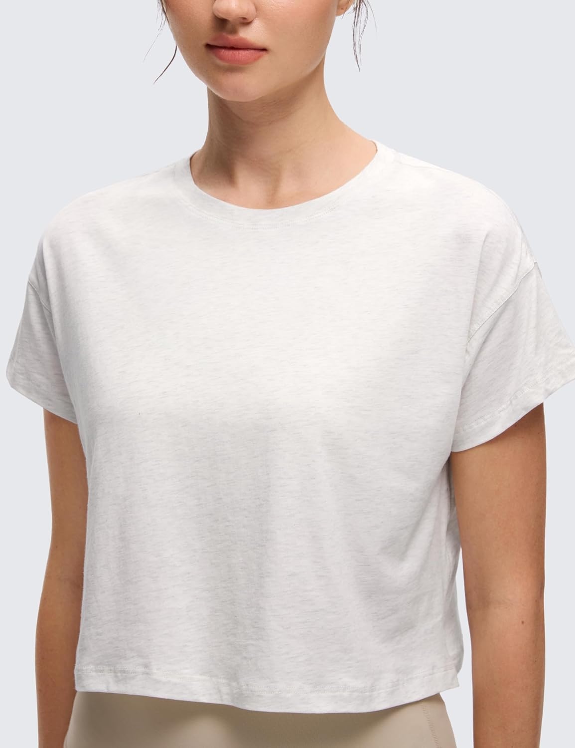 image:imageCRZ YOGA Pima Cotton Relaxed Crop TShirts for Women Workout Athletic Gym Casual Short Sleeve Shirts Loose Crewneck TopsIce GreyWhite
