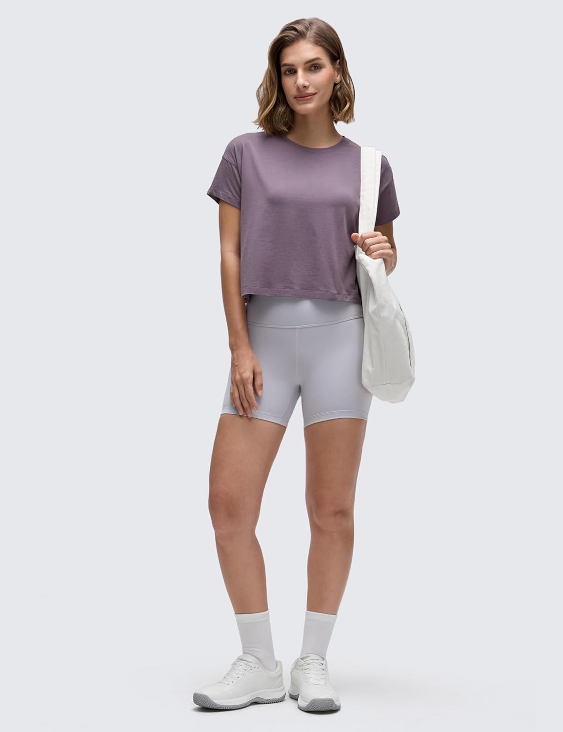 image:imageCRZ YOGA Pima Cotton Relaxed Crop TShirts for Women Workout Athletic Gym Casual Short Sleeve Shirts Loose Crewneck TopsPurple Gray