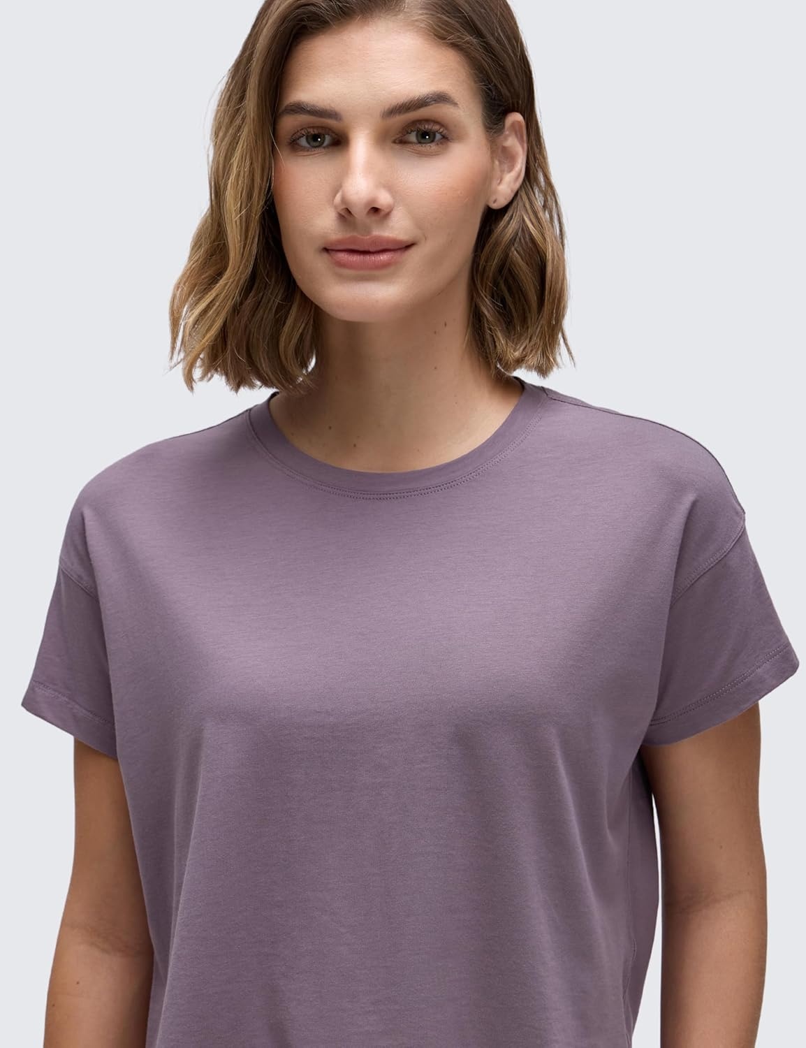 image:imageCRZ YOGA Pima Cotton Relaxed Crop TShirts for Women Workout Athletic Gym Casual Short Sleeve Shirts Loose Crewneck TopsPurple Gray
