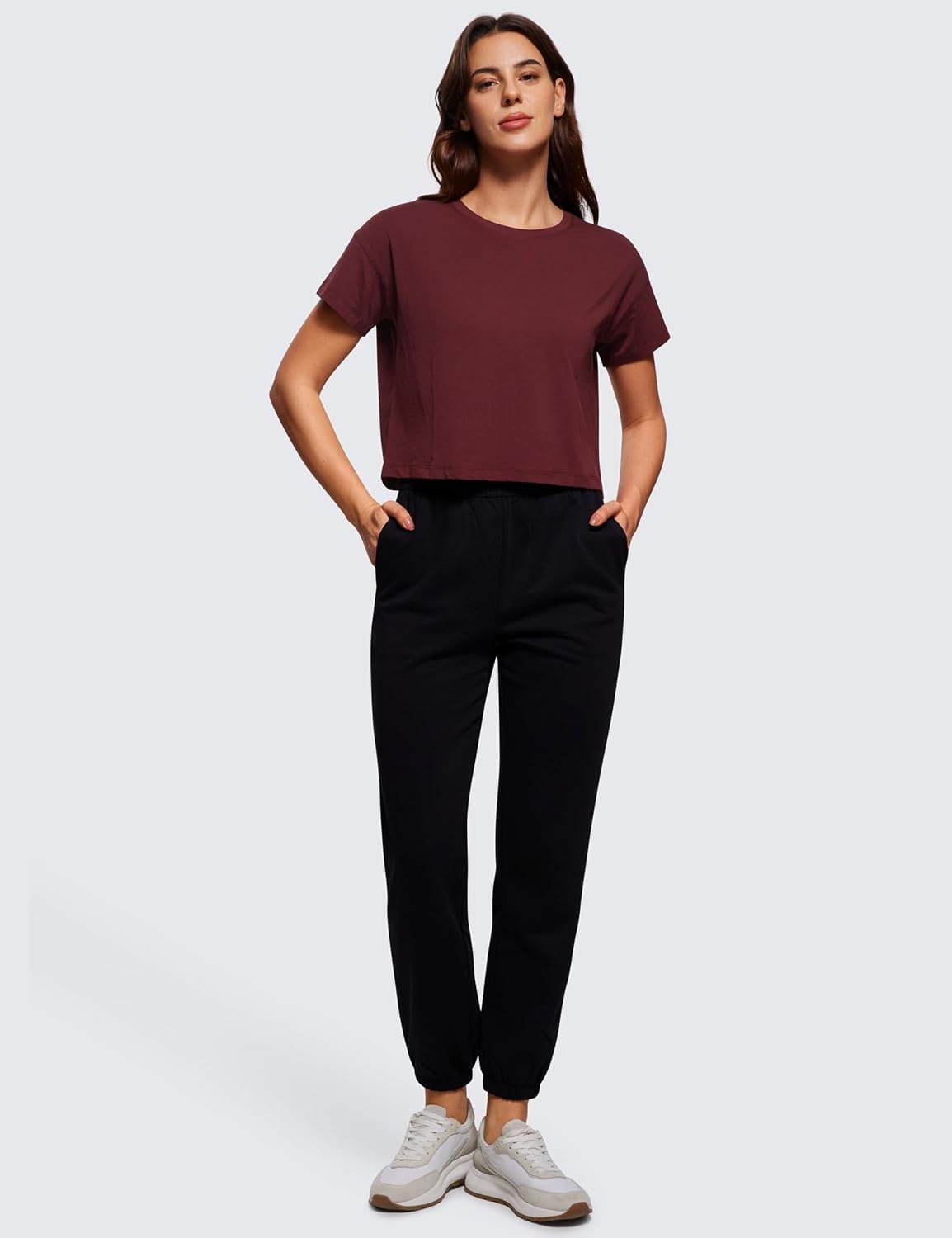 image:imageCRZ YOGA Pima Cotton Relaxed Crop TShirts for Women Workout Athletic Gym Casual Short Sleeve Shirts Loose Crewneck TopsRed Merlot