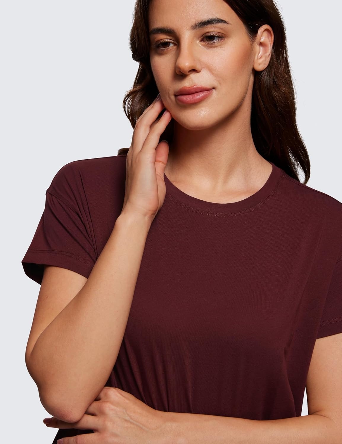 image:imageCRZ YOGA Pima Cotton Relaxed Crop TShirts for Women Workout Athletic Gym Casual Short Sleeve Shirts Loose Crewneck TopsRed Merlot