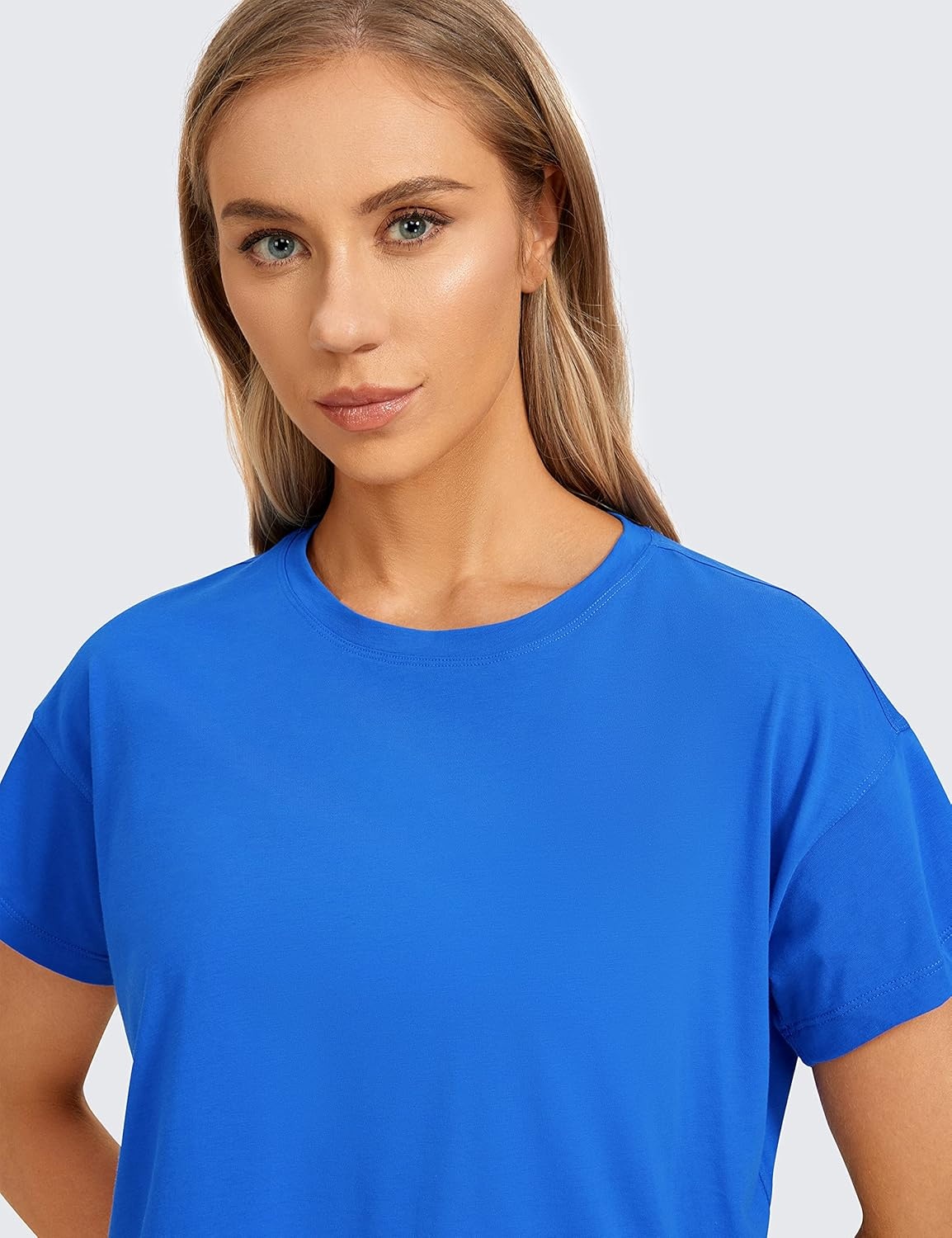 image:imageCRZ YOGA Pima Cotton Relaxed Crop TShirts for Women Workout Athletic Gym Casual Short Sleeve Shirts Loose Crewneck TopsStrong Blue