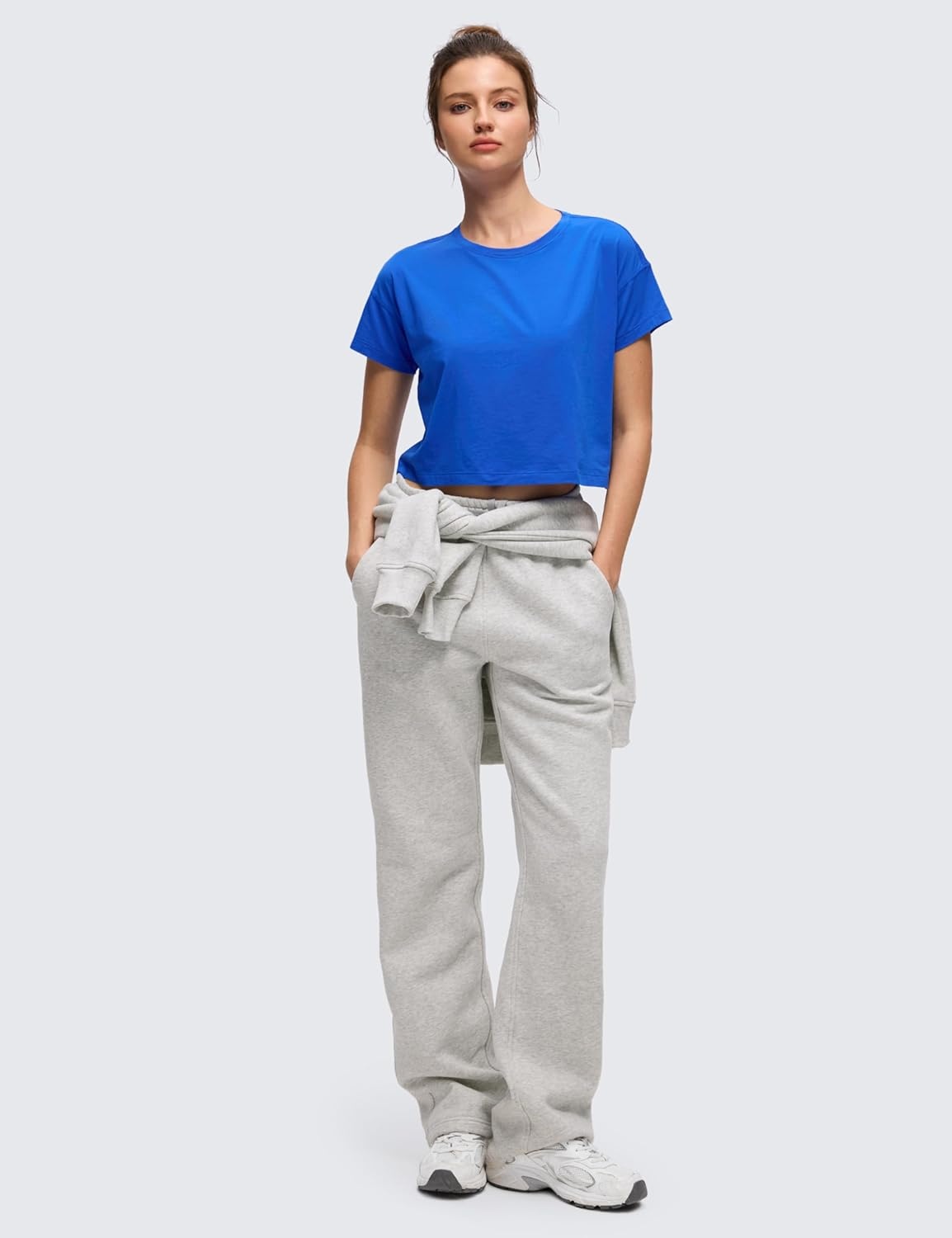 image:imageCRZ YOGA Pima Cotton Relaxed Crop TShirts for Women Workout Athletic Gym Casual Short Sleeve Shirts Loose Crewneck TopsStrong Blue