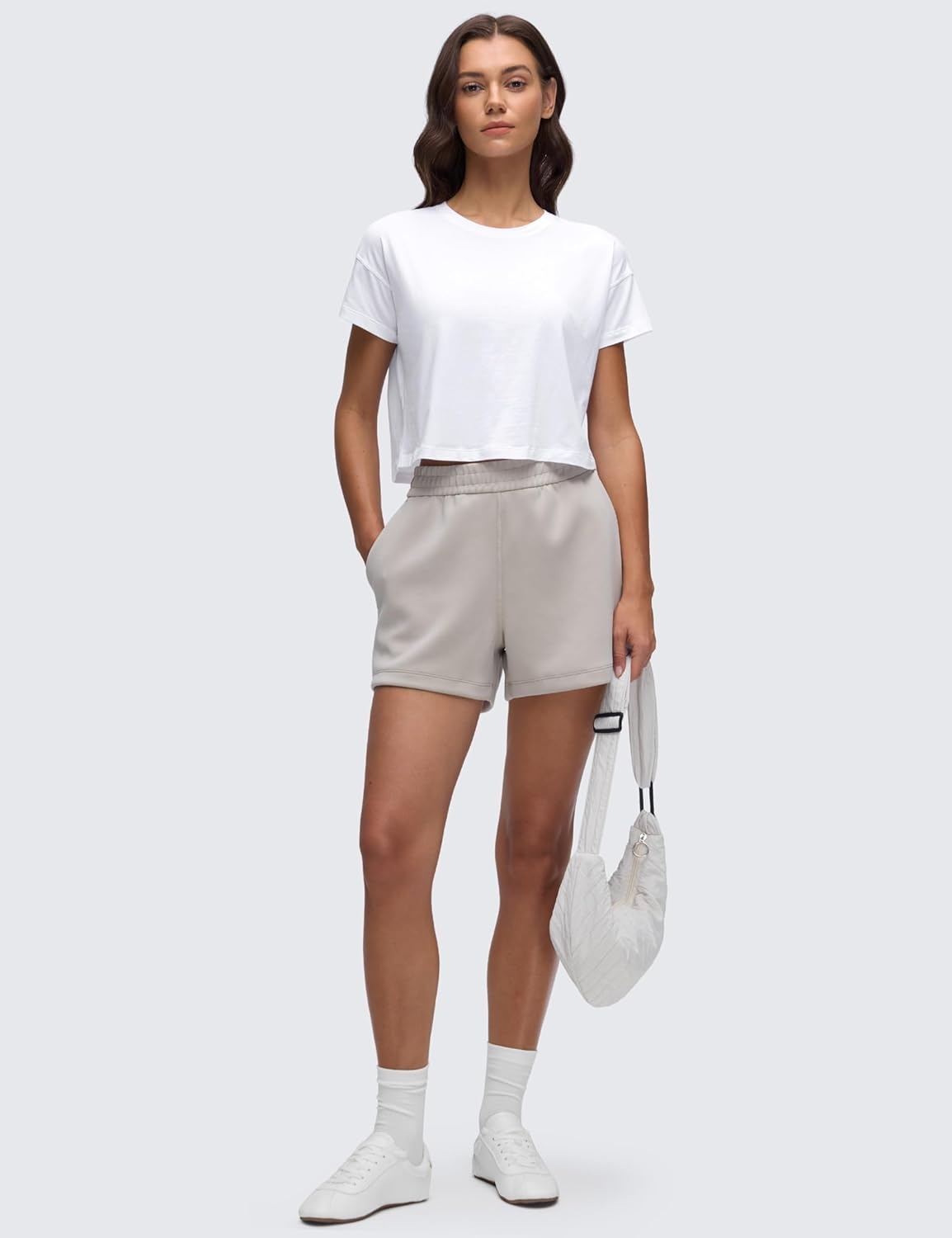 image:imageCRZ YOGA Pima Cotton Relaxed Crop TShirts for Women Workout Athletic Gym Casual Short Sleeve Shirts Loose Crewneck TopsWhite
