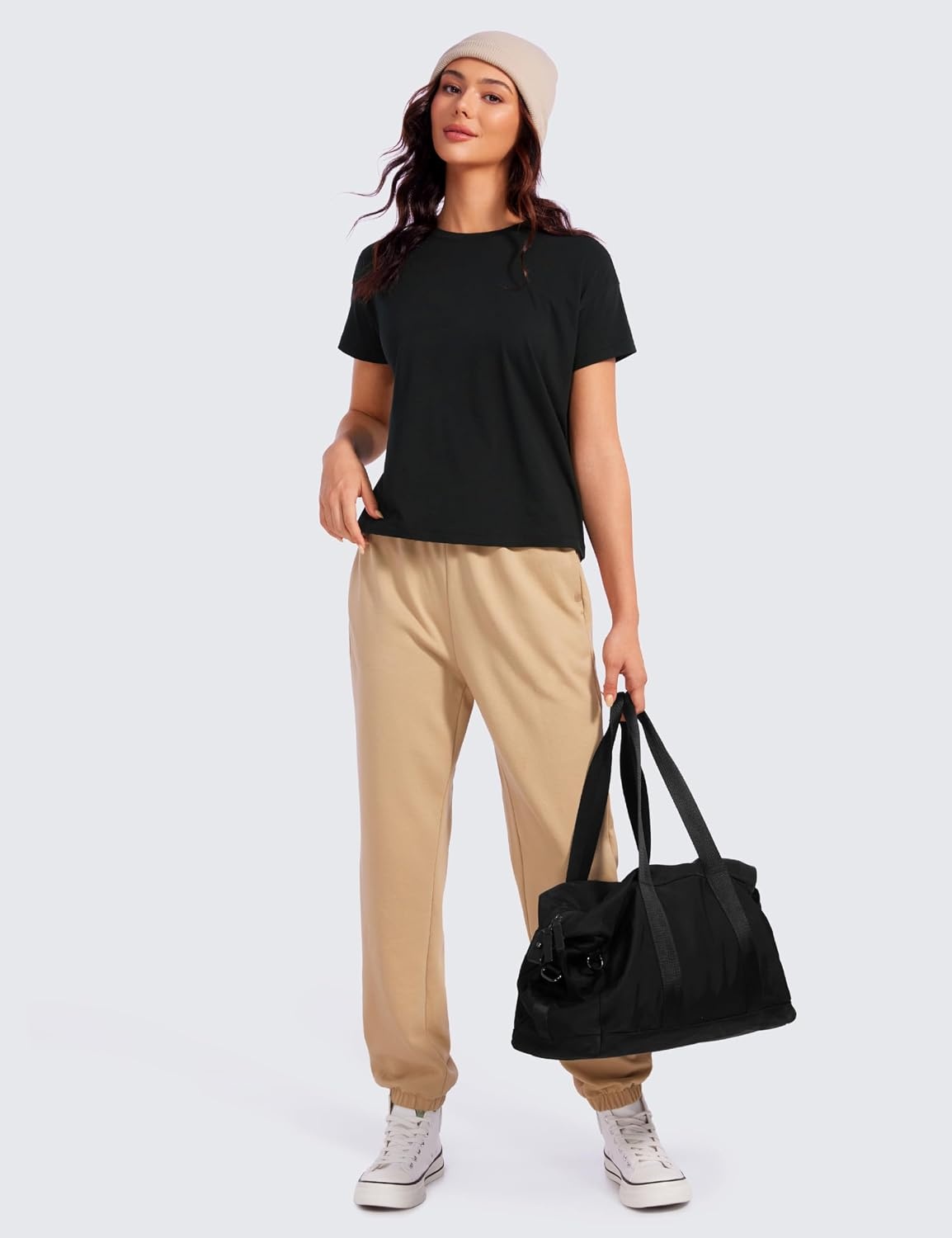 image:imageCRZ YOGA Pima Cotton Relaxed TShirts for Women Workout Athletic Gym Casual Short Sleeve Shirts Basic Crewneck Hip TopsBlack