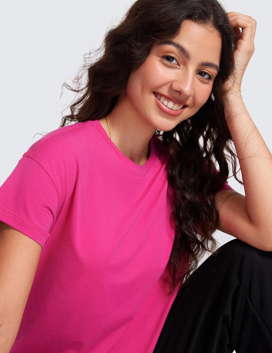 image:imageCRZ YOGA Pima Cotton Relaxed TShirts for Women Workout Athletic Gym Casual Short Sleeve Shirts Basic Crewneck Hip TopsGranita Pink