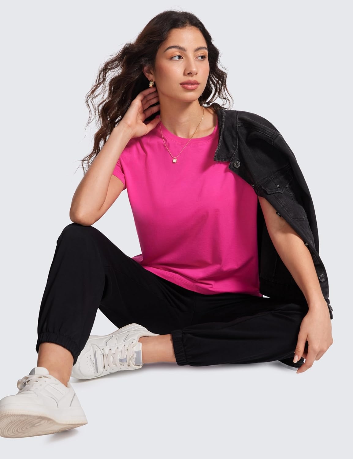 image:imageCRZ YOGA Pima Cotton Relaxed TShirts for Women Workout Athletic Gym Casual Short Sleeve Shirts Basic Crewneck Hip TopsGranita Pink