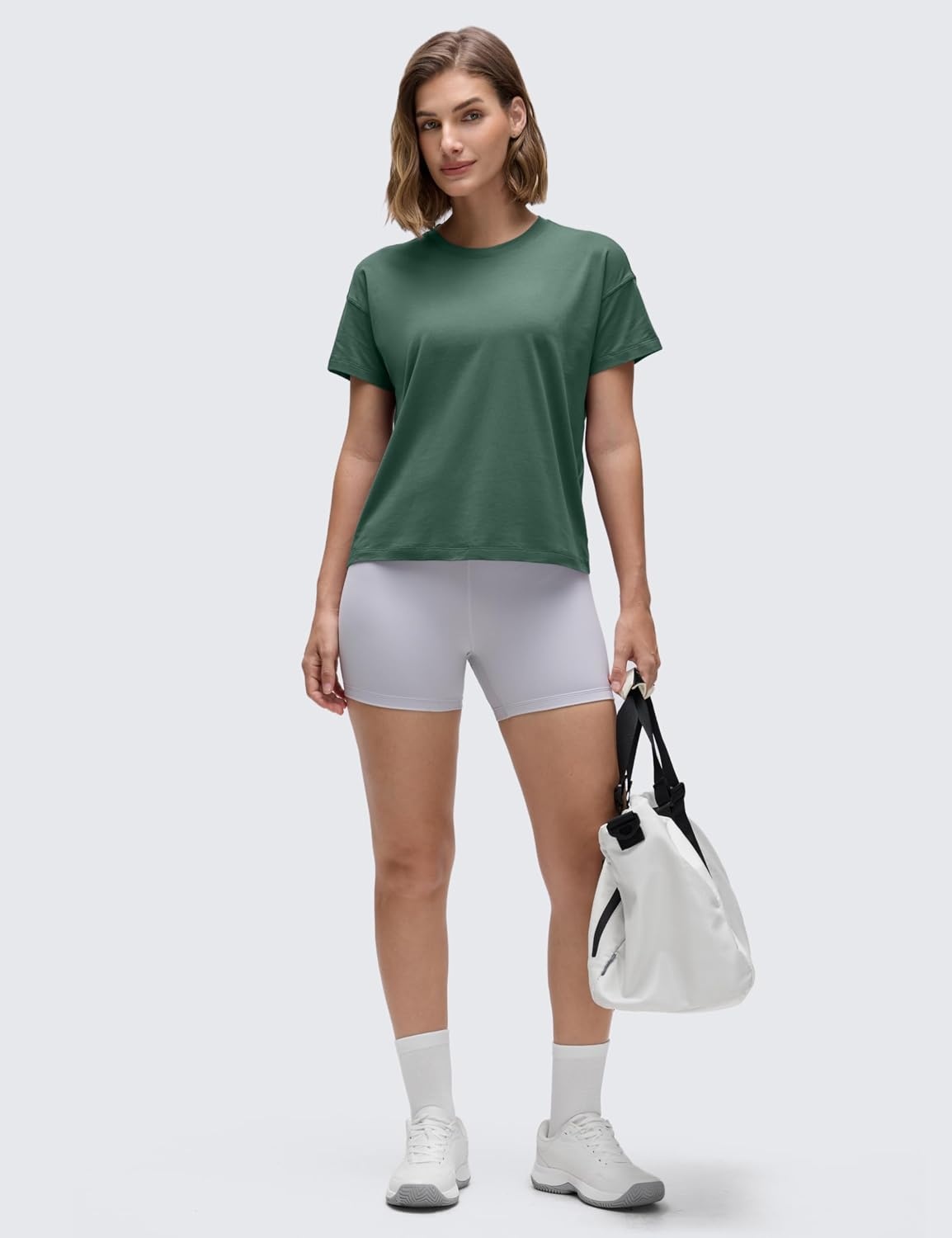image:imageCRZ YOGA Pima Cotton Relaxed TShirts for Women Workout Athletic Gym Casual Short Sleeve Shirts Basic Crewneck Hip TopsGraphite Green