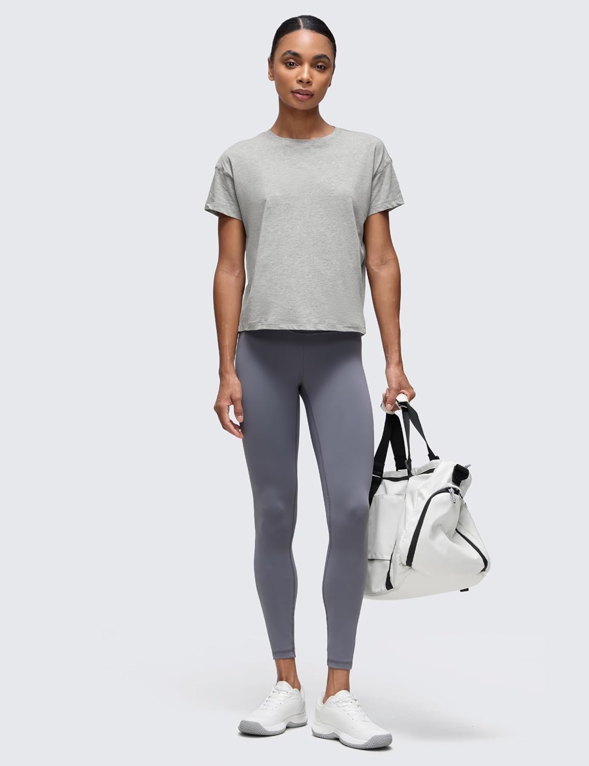 image:imageCRZ YOGA Pima Cotton Relaxed TShirts for Women Workout Athletic Gym Casual Short Sleeve Shirts Basic Crewneck Hip TopsHeathered Medium Grey