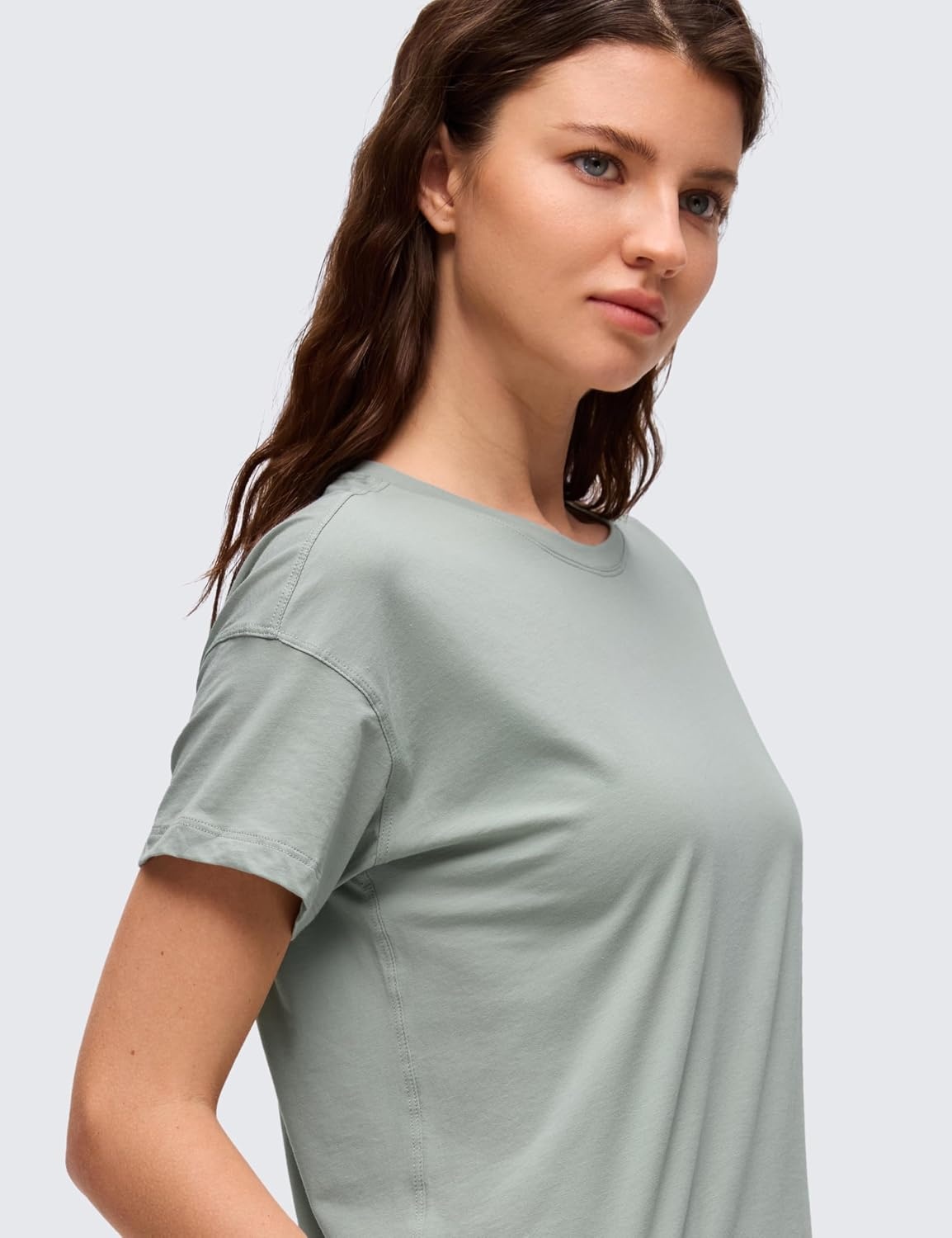 image:imageCRZ YOGA Pima Cotton Relaxed TShirts for Women Workout Athletic Gym Casual Short Sleeve Shirts Basic Crewneck Hip TopsJade Grey
