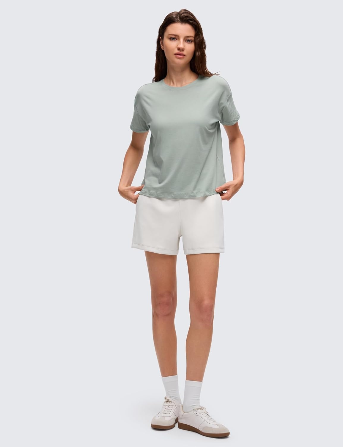 image:imageCRZ YOGA Pima Cotton Relaxed TShirts for Women Workout Athletic Gym Casual Short Sleeve Shirts Basic Crewneck Hip TopsJade Grey