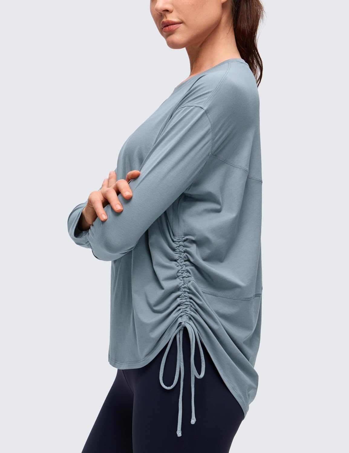 image:imageCRZ YOGA Pima Cotton Side Ruched Shirts for Women Casual Workout Yoga Long Sleeve Tops Loose Crewneck Soft Comfort TShirtsBelgian Blue