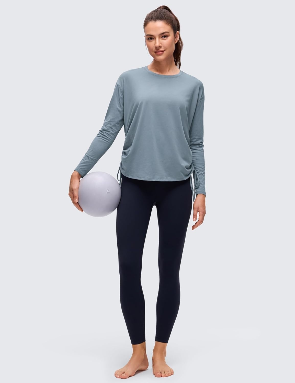 image:imageCRZ YOGA Pima Cotton Side Ruched Shirts for Women Casual Workout Yoga Long Sleeve Tops Loose Crewneck Soft Comfort TShirtsBelgian Blue