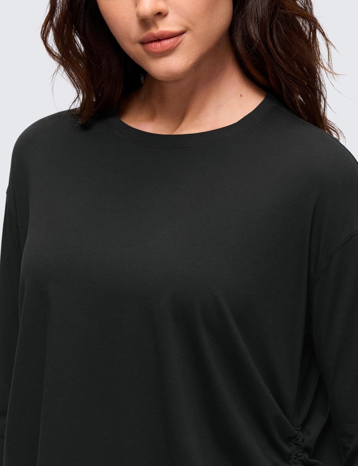 image:imageCRZ YOGA Pima Cotton Side Ruched Shirts for Women Casual Workout Yoga Long Sleeve Tops Loose Crewneck Soft Comfort TShirtsBlack