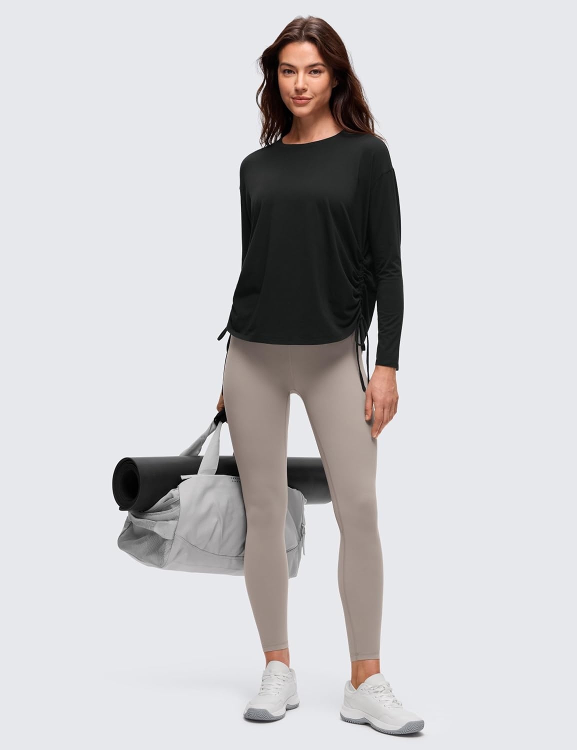 image:imageCRZ YOGA Pima Cotton Side Ruched Shirts for Women Casual Workout Yoga Long Sleeve Tops Loose Crewneck Soft Comfort TShirtsBlack