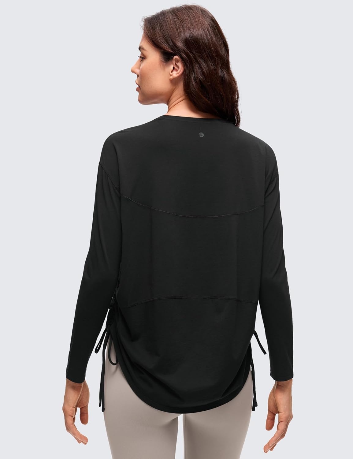 image:imageCRZ YOGA Pima Cotton Side Ruched Shirts for Women Casual Workout Yoga Long Sleeve Tops Loose Crewneck Soft Comfort TShirtsBlack
