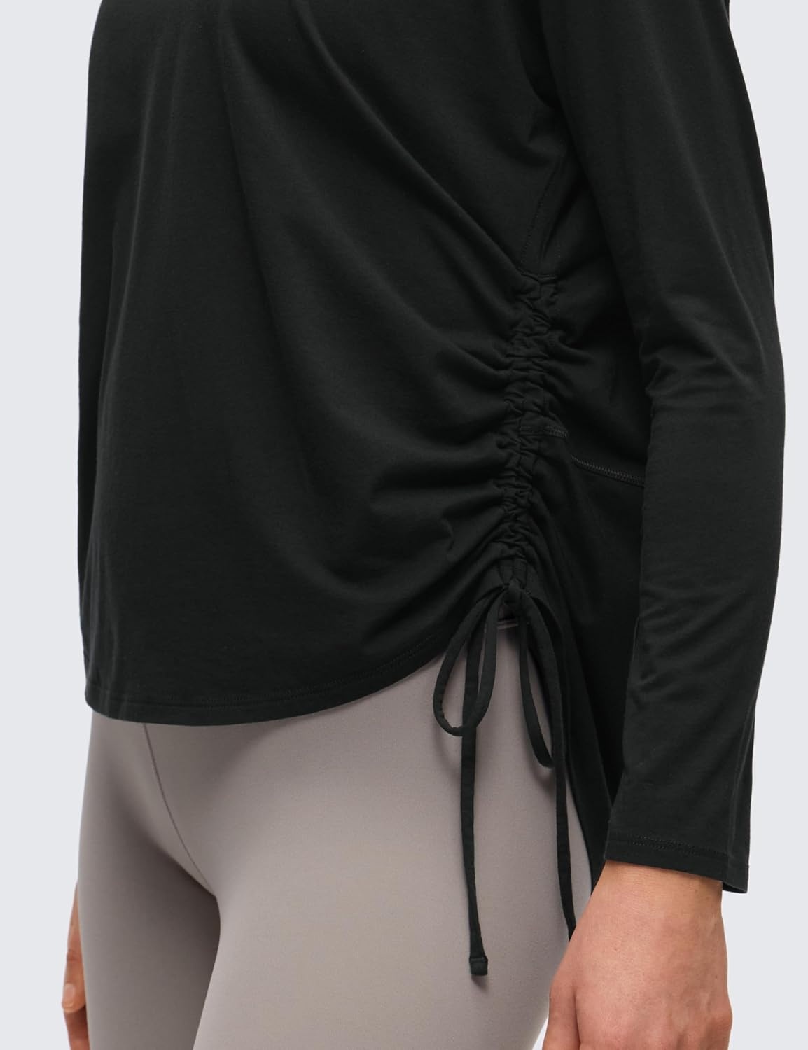 image:imageCRZ YOGA Pima Cotton Side Ruched Shirts for Women Casual Workout Yoga Long Sleeve Tops Loose Crewneck Soft Comfort TShirtsBlack