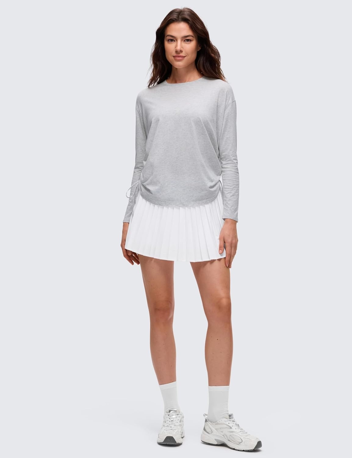 image:imageCRZ YOGA Pima Cotton Side Ruched Shirts for Women Casual Workout Yoga Long Sleeve Tops Loose Crewneck Soft Comfort TShirtsLight Grey Heather