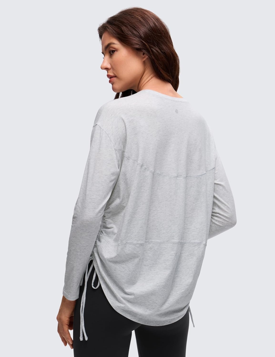 image:imageCRZ YOGA Pima Cotton Side Ruched Shirts for Women Casual Workout Yoga Long Sleeve Tops Loose Crewneck Soft Comfort TShirtsLight Grey Heather