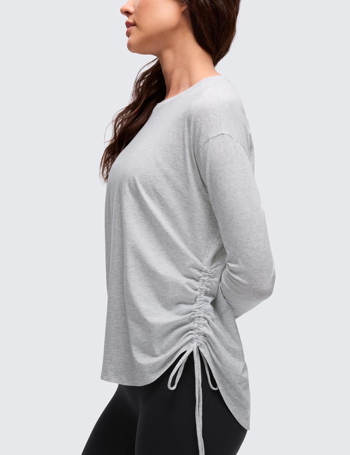 image:imageCRZ YOGA Pima Cotton Side Ruched Shirts for Women Casual Workout Yoga Long Sleeve Tops Loose Crewneck Soft Comfort TShirtsLight Grey Heather