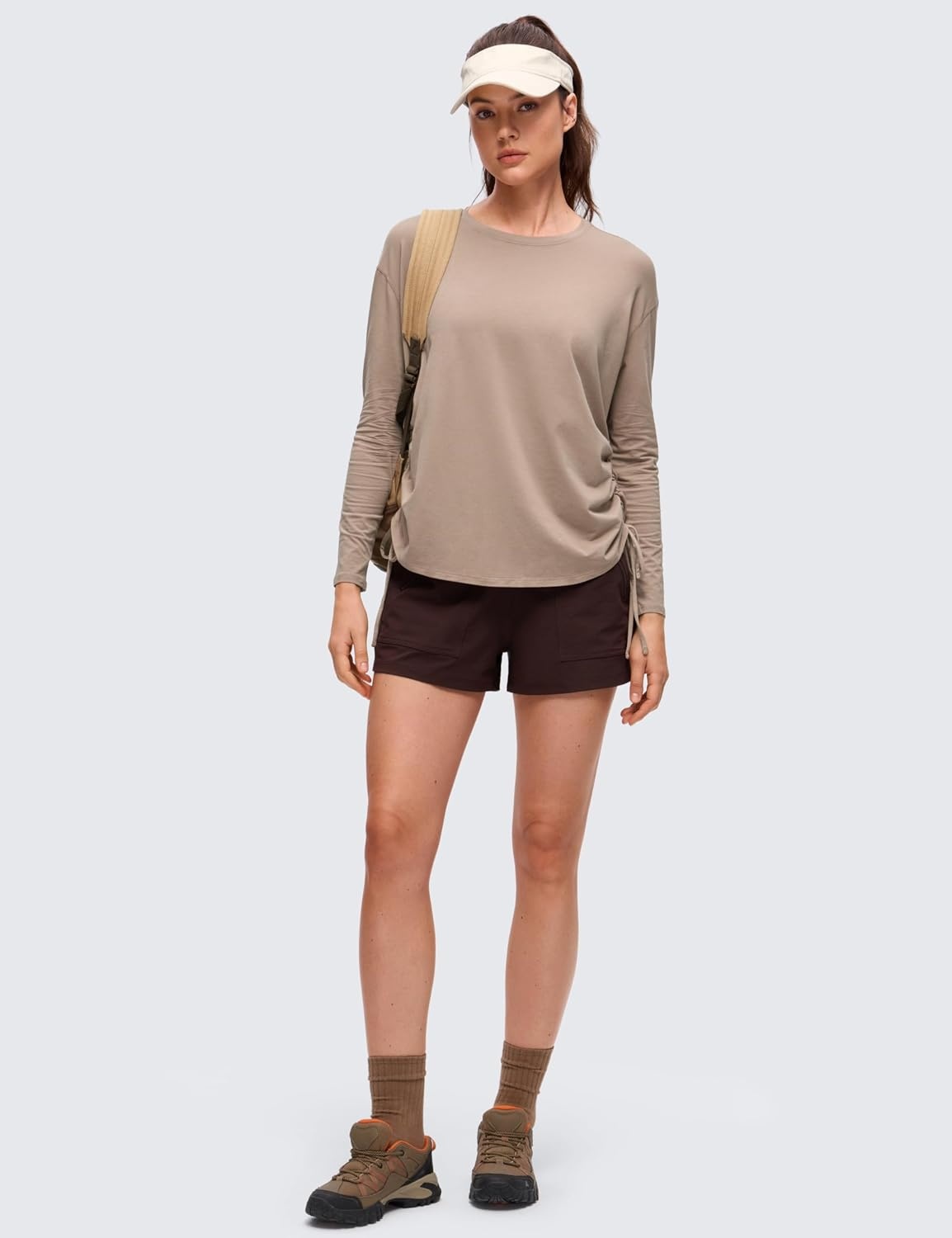 image:imageCRZ YOGA Pima Cotton Side Ruched Shirts for Women Casual Workout Yoga Long Sleeve Tops Loose Crewneck Soft Comfort TShirtsMortar Color