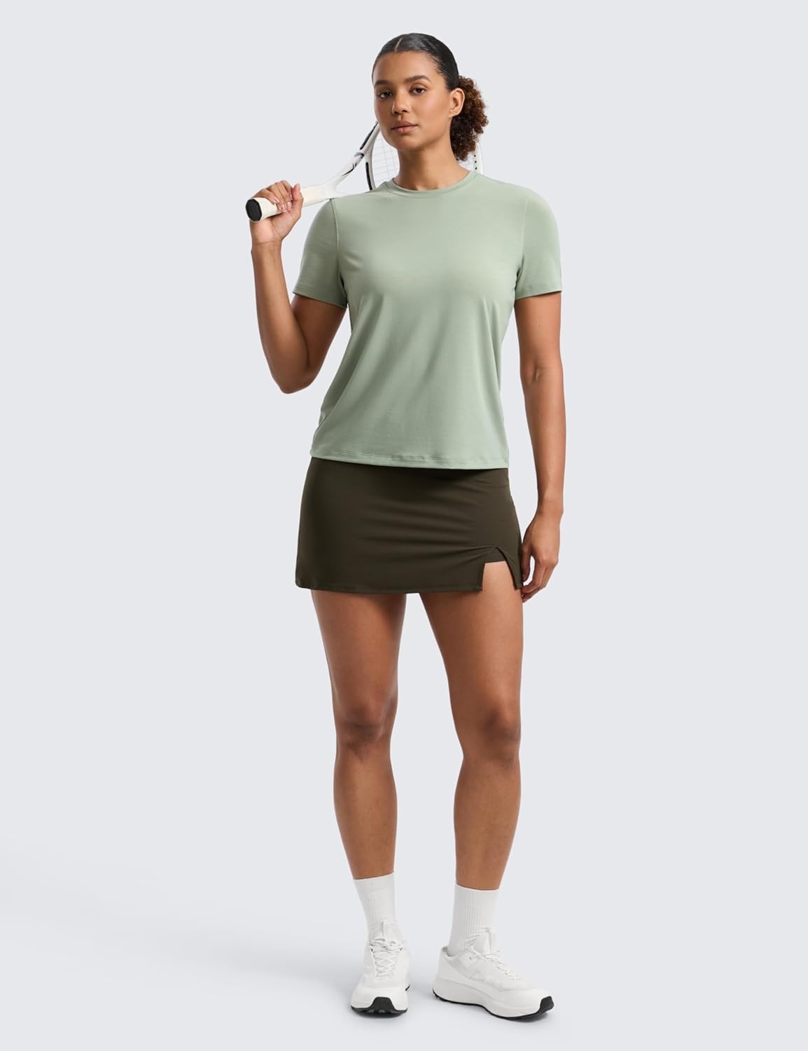 image:imageCRZ YOGA Quick Dry Workout Tops for Women Hip Length Athletic Running Gym Yoga Short Sleeve Shirts Crewneck Basic TeesFog Green