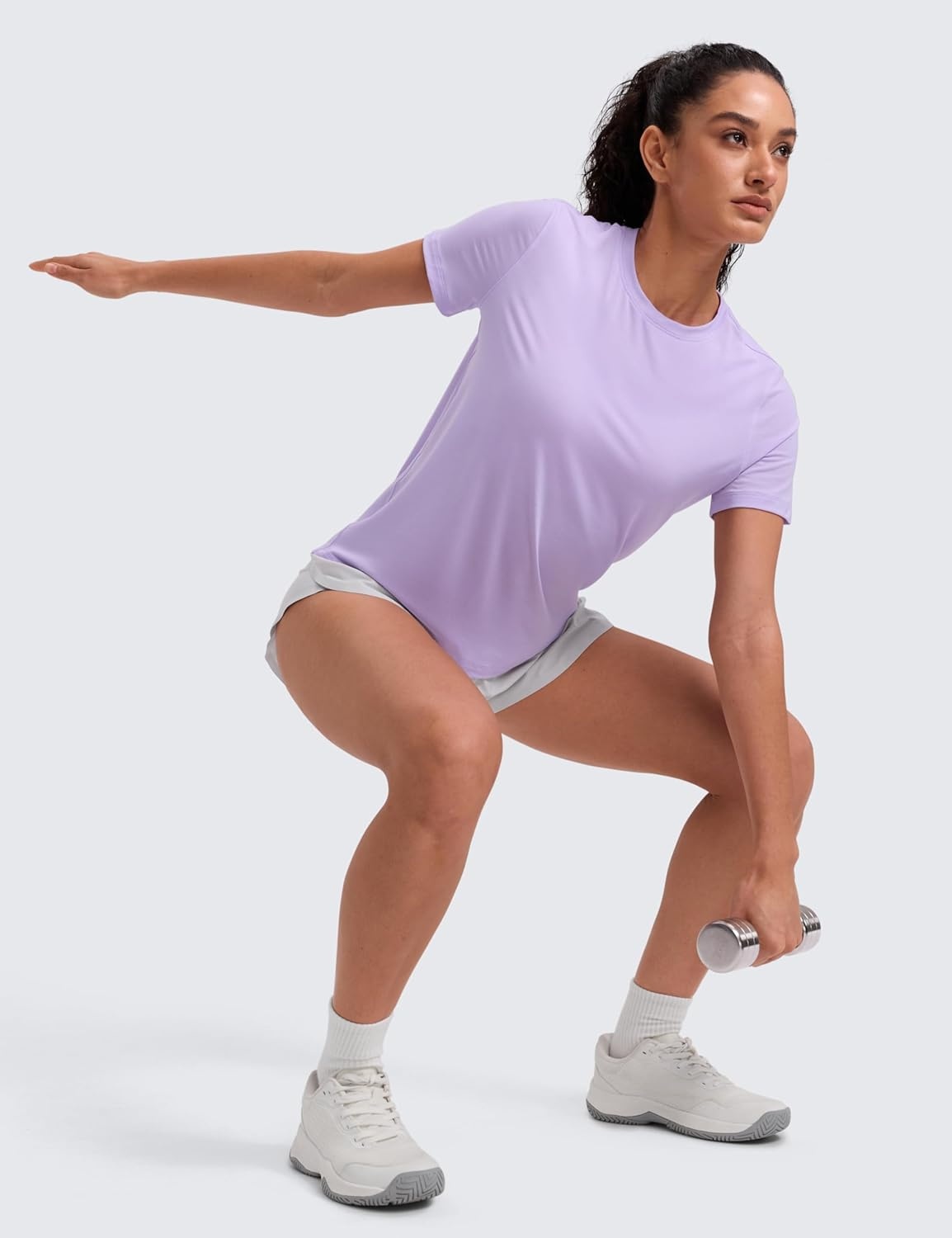 image:imageCRZ YOGA Quick Dry Workout Tops for Women Hip Length Athletic Running Gym Yoga Short Sleeve Shirts Crewneck Basic TeesLavender Frost